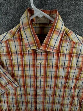 Viyella Southampton Button Up Shirt Men Short Sleeve Plaid Orange Yellow Medium